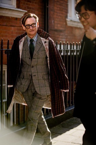 Charcoal Houndstooth Suit Outfits: For an effortlessly classic menswear style, go for a charcoal houndstooth suit and a dark brown check raincoat — these two pieces go pretty good together. Put a dressier spin on an otherwise standard look by finishing off with a pair of dark brown suede loafers.