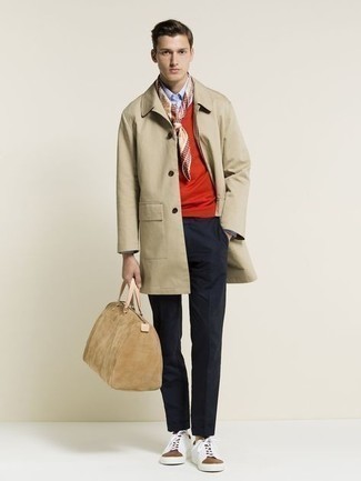 Beige Raincoat Outfits For Men: A beige raincoat and navy chinos are the kind of a winning off-duty combination that you so desperately need when you have no extra time. Let your styling prowess truly shine by rounding off your look with white canvas low top sneakers.