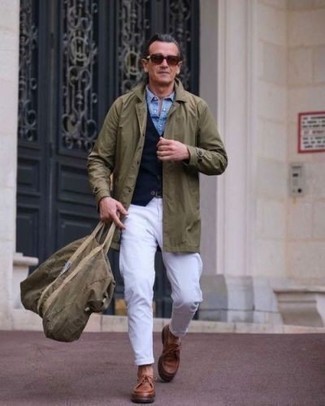 Dark Brown Leather Desert Boots Outfits: Combining an olive raincoat with white chinos is an awesome option for a casual ensemble. Dark brown leather desert boots round off this getup quite nicely.