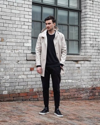 Black and White Leather Low Top Sneakers Outfits For Men: A beige raincoat and black chinos are a cool combo to keep in your current arsenal. On the shoe front, this getup is complemented brilliantly with black and white leather low top sneakers.