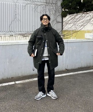Olive Raincoat Outfits For Men: This laid-back combination of an olive raincoat and black chinos can take on different nuances depending on the way it's styled. Does this outfit feel too polished? Let a pair of grey athletic shoes change things up a bit.