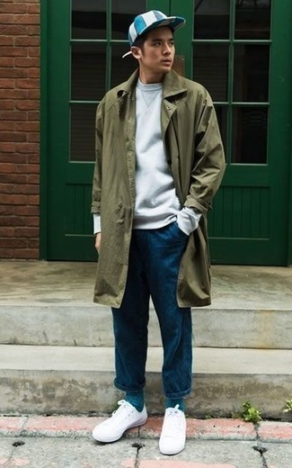 Men's Olive Raincoat, White Sweatshirt, Teal Jeans, White Canvas Low Top Sneakers
