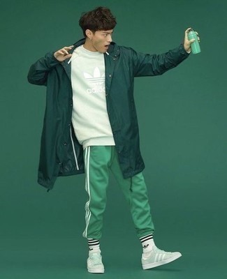 Men's Dark Green Raincoat, Mint Print Sweatshirt, Green Sweatpants, Mint Canvas Low Top Sneakers