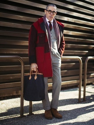 Burgundy Check Tie Outfits For Men: This semi-casual combination of a red raincoat and a burgundy check tie is super easy to pull together in no time flat, helping you look stylish and ready for anything without spending a ton of time going through your closet. A pair of brown suede casual boots easily amps up the style factor of your look.