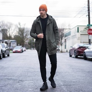 Orange Beanie Outfits For Men: Teaming a dark green raincoat with an orange beanie is an amazing idea for a casually cool look. Add black athletic shoes to the equation for extra style points.