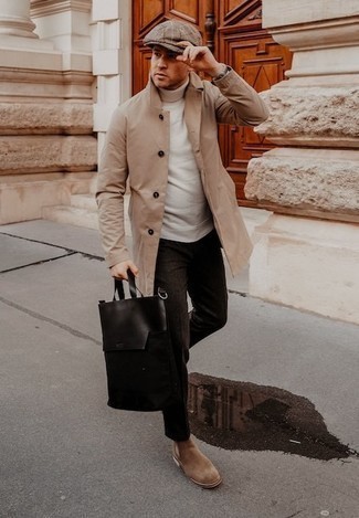 Beige Flat Cap Outfits For Men: A tan raincoat and a beige flat cap are both versatile menswear essentials that will integrate nicely within your day-to-day lineup. To give your overall ensemble a classier finish, why not add tan suede chelsea boots to the mix?