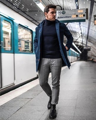 Navy Turtleneck Outfits For Men: Such pieces as a navy turtleneck and grey plaid chinos are an easy way to inject effortless cool into your current styling repertoire. Complement your ensemble with a pair of black leather chelsea boots to instantly jazz up the getup.