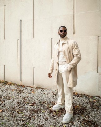 Tan Turtleneck Outfits For Men: Why not consider wearing a tan turtleneck and beige chinos? As well as very comfortable, both of these items look amazing worn together. Complement this getup with white athletic shoes to serve a little mix-and-match magic.