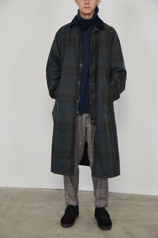 Navy Check Raincoat Outfits For Men: If you want take your off-duty look to a new height, consider pairing a navy check raincoat with grey plaid chinos. If not sure about what to wear when it comes to footwear, add a pair of black suede low top sneakers to the mix.