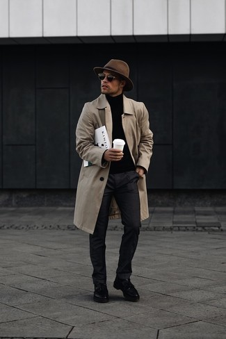 Brown Wool Hat Outfits For Men: A tan raincoat and a brown wool hat are a nice getup worth having in your daily off-duty routine. Play up the classiness of this ensemble a bit by wearing black leather tassel loafers.