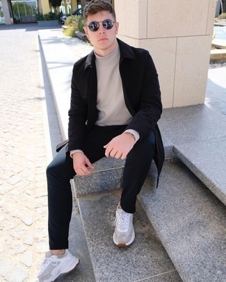 Beige Turtleneck Outfits For Men: Putting together a beige turtleneck with black chinos is an awesome choice for a casual but dapper ensemble. Grey athletic shoes will offer ease, but with a fashion-forward effect.