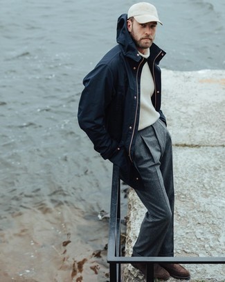 Navy Raincoat Outfits For Men: For elegant style with a modernized spin, opt for a navy raincoat and charcoal wool dress pants. Introduce dark brown suede derby shoes to this ensemble for an extra dose of style.