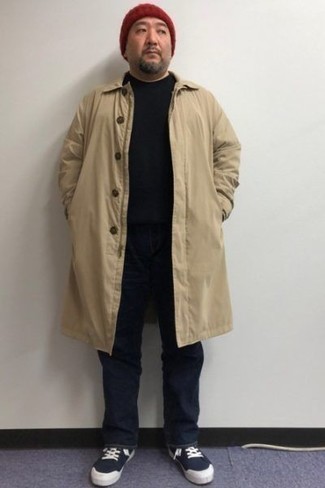 Men's Tan Raincoat, Black Turtleneck, Navy Jeans, Navy and White Canvas Low Top Sneakers