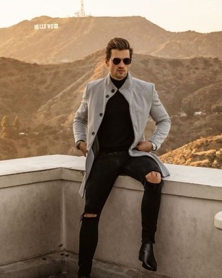 Grey Raincoat Outfits For Men: A grey raincoat and black ripped jeans have become a favorite off-duty pairing for many trendsetting gents. If you want to immediately step up your outfit with shoes, introduce a pair of black leather chelsea boots to your ensemble.