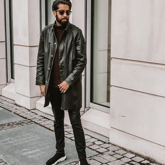 Black and White Athletic Shoes Outfits For Men: For something more on the casual and cool side, go for a dark green raincoat and black jeans. If you want to easily tone down your getup with a pair of shoes, complete your ensemble with a pair of black and white athletic shoes.