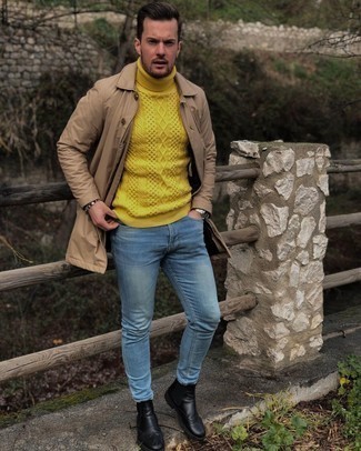 Mustard Knit Turtleneck Outfits For Men: For a casual getup with an edgy finish, reach for a mustard knit turtleneck and blue skinny jeans. Introduce black leather chelsea boots to the mix for a hint of elegance.