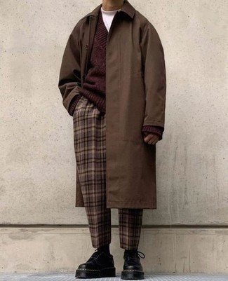 Men's Brown Raincoat, Burgundy V-neck Sweater, White Turtleneck, Brown Plaid Chinos
