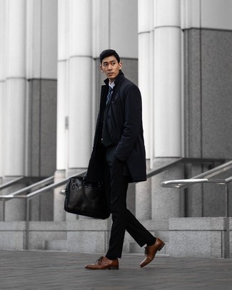 Brown Leather Derby Shoes Outfits: For a neat and relaxed getup, choose a navy raincoat and black chinos — these two items fit beautifully together. Finishing off with a pair of brown leather derby shoes is a guaranteed way to bring an extra dimension to this look.