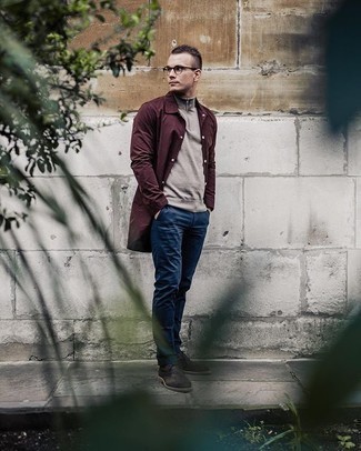 Burgundy Raincoat Outfits For Men: To don an off-duty look with a modernized spin, consider teaming a burgundy raincoat with navy chinos. Let your styling chops really shine by finishing your getup with a pair of dark brown suede desert boots.