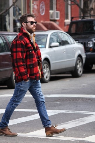 Men's Red and Black Check Barn Jacket, Blue Jeans, Brown Leather Desert Boots, Black Sunglasses
