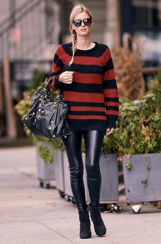 Women's Red and Black Horizontal Striped Crew-neck Sweater, Black Leather Leggings, Black Suede Ankle Boots, Black Leather Tote Bag