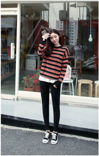 Women's Red and Black Horizontal Striped Crew-neck Sweater, White Crew-neck T-shirt, Black Leggings, Black and White Canvas Low Top Sneakers
