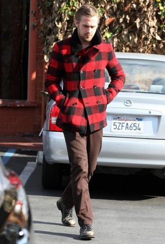 Ryan Gosling wearing Red and Black Gingham Pea Coat, Dark Brown Dress Pants, Black Leather Casual Boots