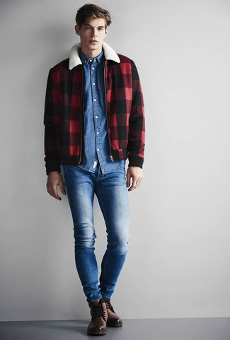 Men's Red and Black Check Harrington Jacket, Blue Denim Shirt, Blue Skinny Jeans, Brown Leather Casual Boots