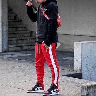 Red Leather High Top Sneakers Outfits For Men: 