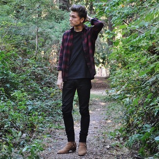 Brown Suede Chelsea Boots Outfits For Men: For a casual and cool getup, try pairing a red and black plaid long sleeve shirt with black jeans — these pieces play really great together. To bring a bit of zing to your outfit, complement this look with brown suede chelsea boots.