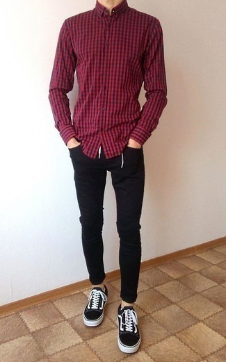 Men's Red and Black Gingham Long Sleeve Shirt, Black Skinny Jeans, Black and White Canvas Low Top Sneakers, White No Show Socks