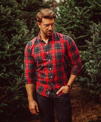Men's Red and Black Plaid Long Sleeve Shirt, Black Jeans, Dark Brown Leather Watch