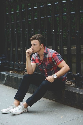 Men's Red and Black Plaid Short Sleeve Shirt, Black Skinny Jeans, White Low Top Sneakers, Tan Leather Watch