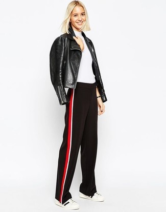 Women's White and Black Low Top Sneakers, Red and Black Wide Leg Pants, White Short Sleeve Sweater, Black Leather Biker Jacket