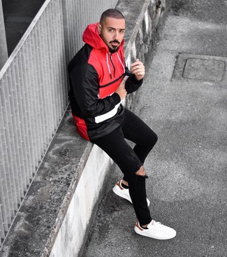 Black No Show Socks Outfits For Men: You can look dapper without exerting much effort by opting for a red and black windbreaker and black no show socks. On the fence about how to complete your look? Wear white leather low top sneakers to smarten it up.