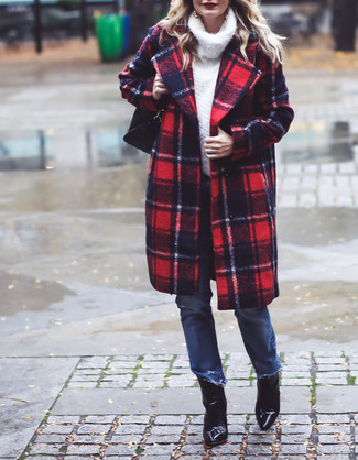 Women's Red and Navy Plaid Coat, White Wool Turtleneck, Blue Jeans, Black Leather Ankle Boots