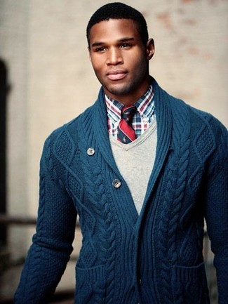 Men's Red and Navy Vertical Striped Tie, Red and Navy Plaid Long Sleeve Shirt, Beige V-neck Sweater, Navy Shawl Cardigan