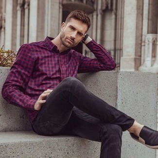 Black Leather Slip-on Sneakers Outfits For Men: A red and navy gingham long sleeve shirt and charcoal jeans make for the ultimate casual style for any modern man. If you're not sure how to round off, a pair of black leather slip-on sneakers is a safe option.