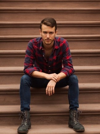 Men's Red and Navy Plaid Long Sleeve Shirt, Navy Skinny Jeans, Dark Brown Leather Casual Boots