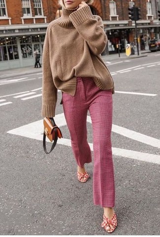 Women's Brown Leather Crossbody Bag, Red and White Canvas Heeled Sandals, Pink Flare Pants, Tan Knit Turtleneck