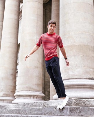 Red Horizontal Striped Crew-neck T-shirt Outfits For Men: The combo of a red horizontal striped crew-neck t-shirt and navy chinos makes for a solid casual outfit. If you're clueless about how to round off, a pair of white low top sneakers is a nice option.
