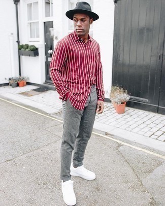 Red Long Sleeve Shirt Outfits For Men: Pair a red long sleeve shirt with grey chinos if you want to look laid-back and cool without spending too much time. To inject a fun vibe into this look, add white canvas low top sneakers to the equation.