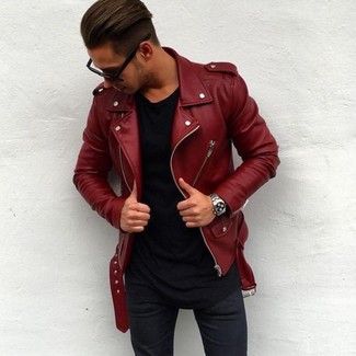 Red Spread Collar Leather Jacket