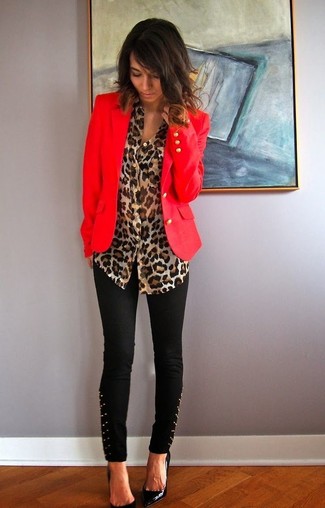Women's Red Blazer, Beige Leopard Button Down Blouse, Black Studded Skinny Pants, Black Leather Pumps