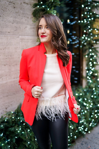 Red Blazer Outfits For Women: This casual combo of a red blazer and black leather skinny pants is a foolproof option when you need to look nice but have no time to dress up.