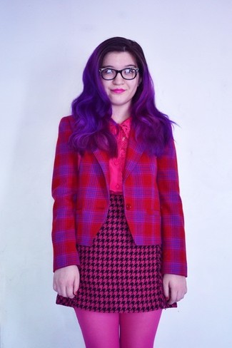 Pink Mini Skirt Outfits: Marry a red plaid blazer with a pink mini skirt to create an interesting and current off-duty outfit.