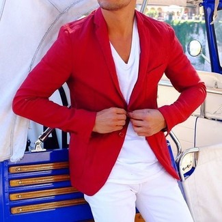 red jacket with white t shirt