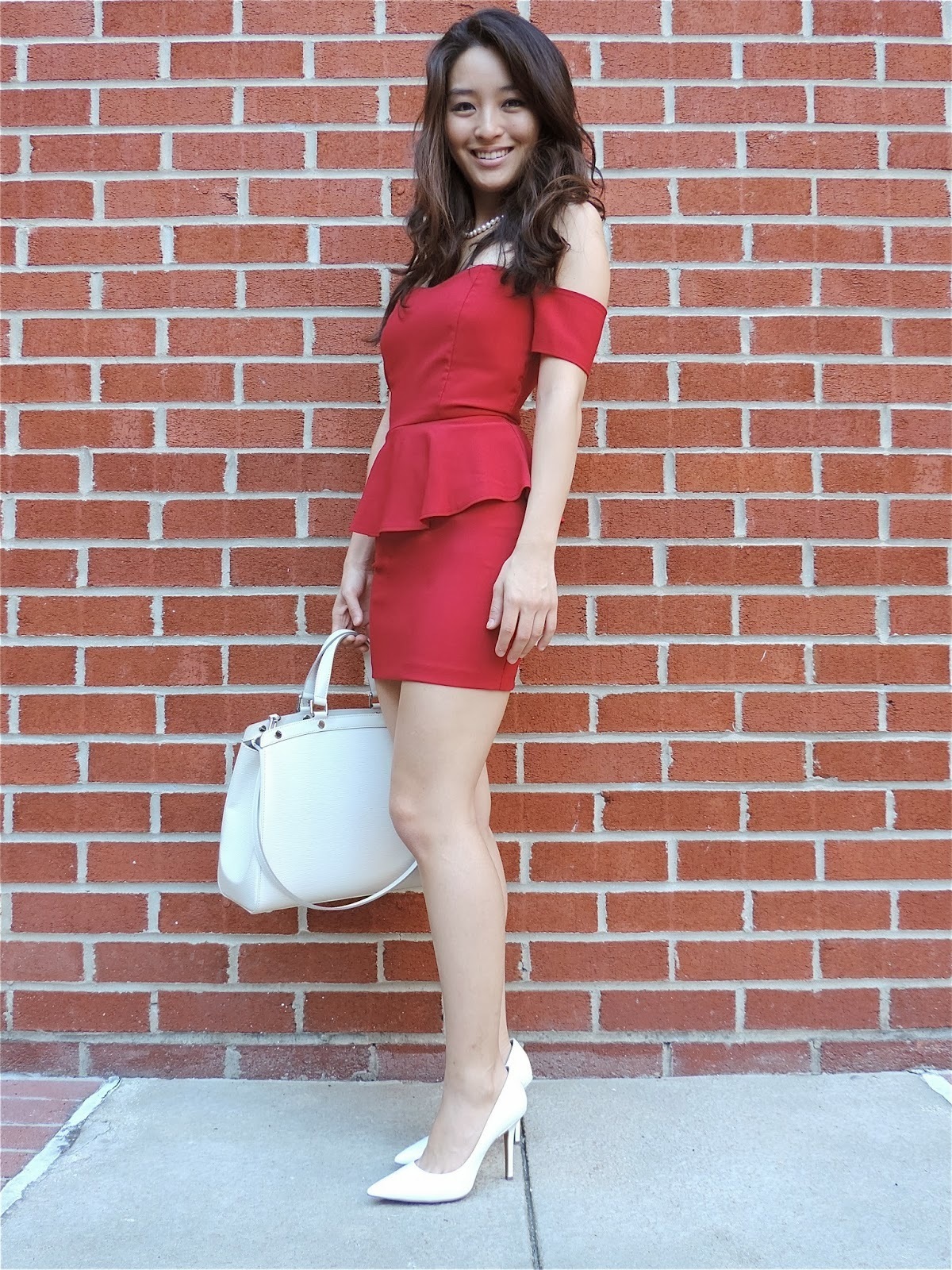 Women's Red Bodycon Dress, White Canvas High Top Sneakers, White Leather  Crossbody Bag, Gold Watch