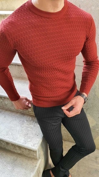 Red Cable Sweater Outfits For Men: A red cable sweater and black vertical striped chinos make for the perfect base for an infinite number of combos.