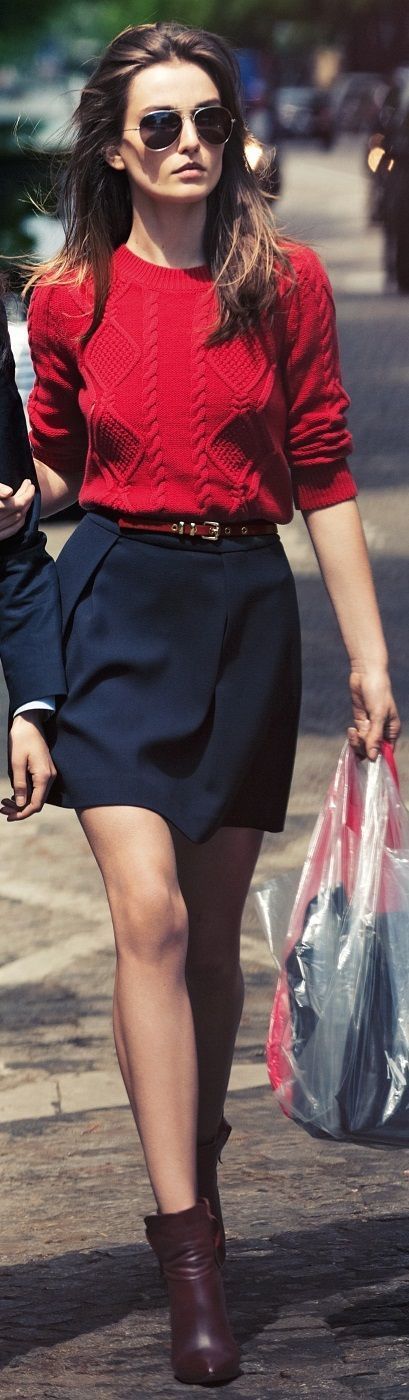 navy blue skirt and red top